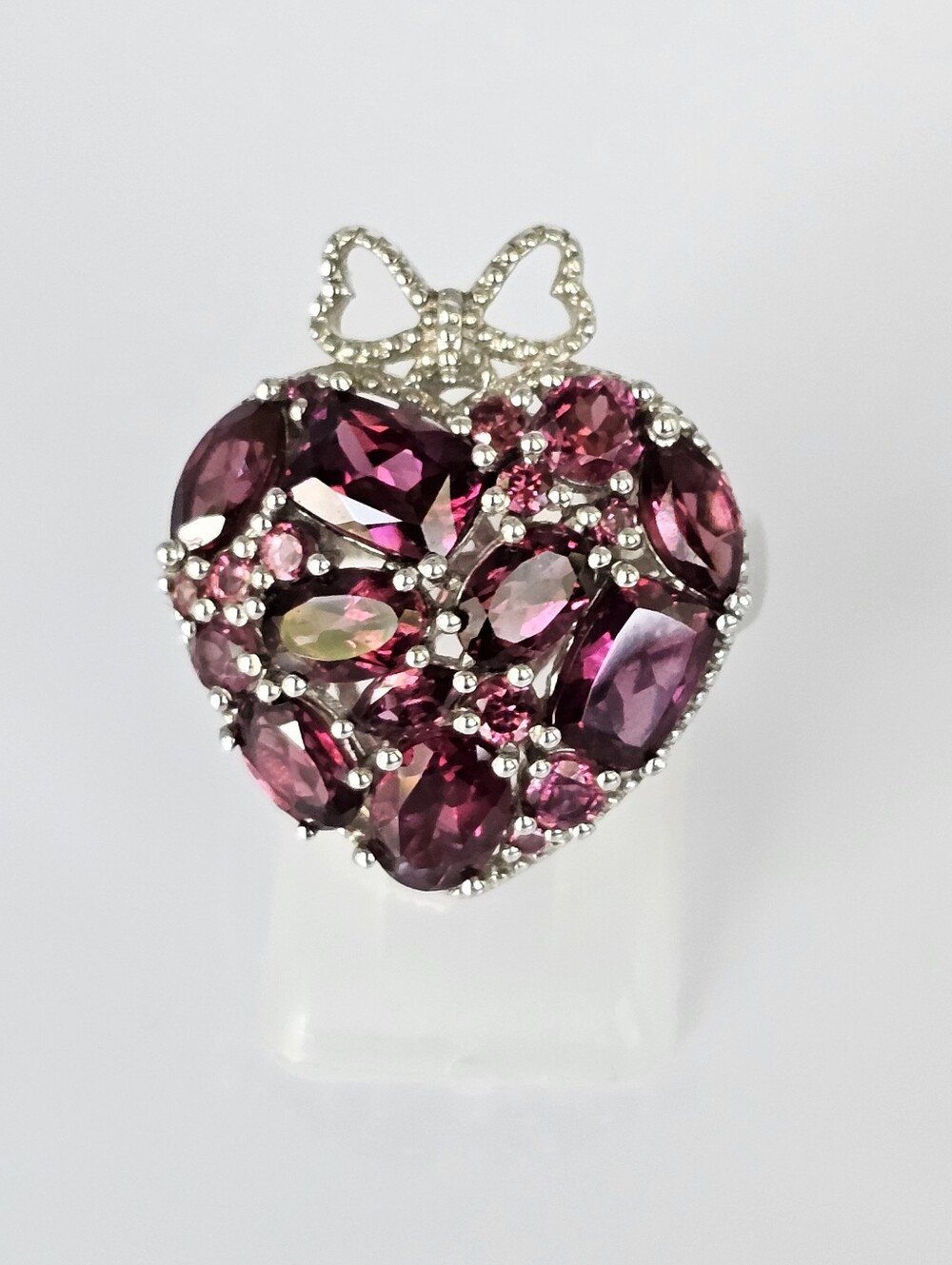 Genuine Rhodolite Garnet Cluster Ring Sterling Silver Platinum Finish Size 7!